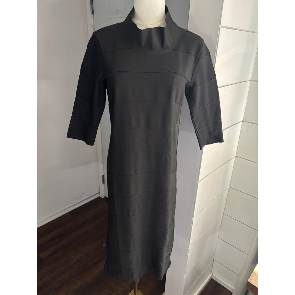 Lanvin Dress Womens XS Black High Neck Knit Midi Sheath Stretch Bodycon